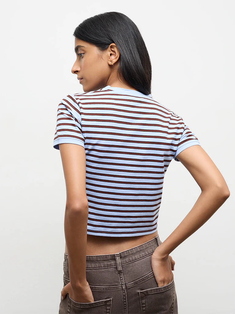 Nuon Blue Stripe-Printed Cotton-Blend T-Shirt - Image 4