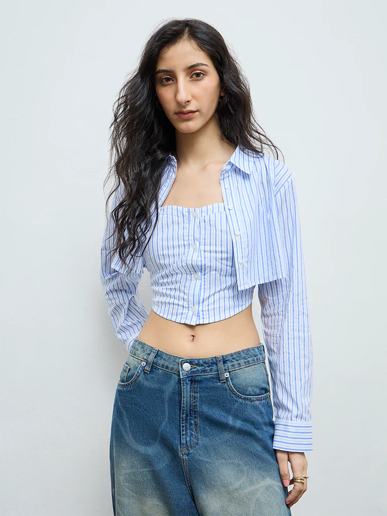 Nuon Blue Striped Cotton Shirt with Top Set
