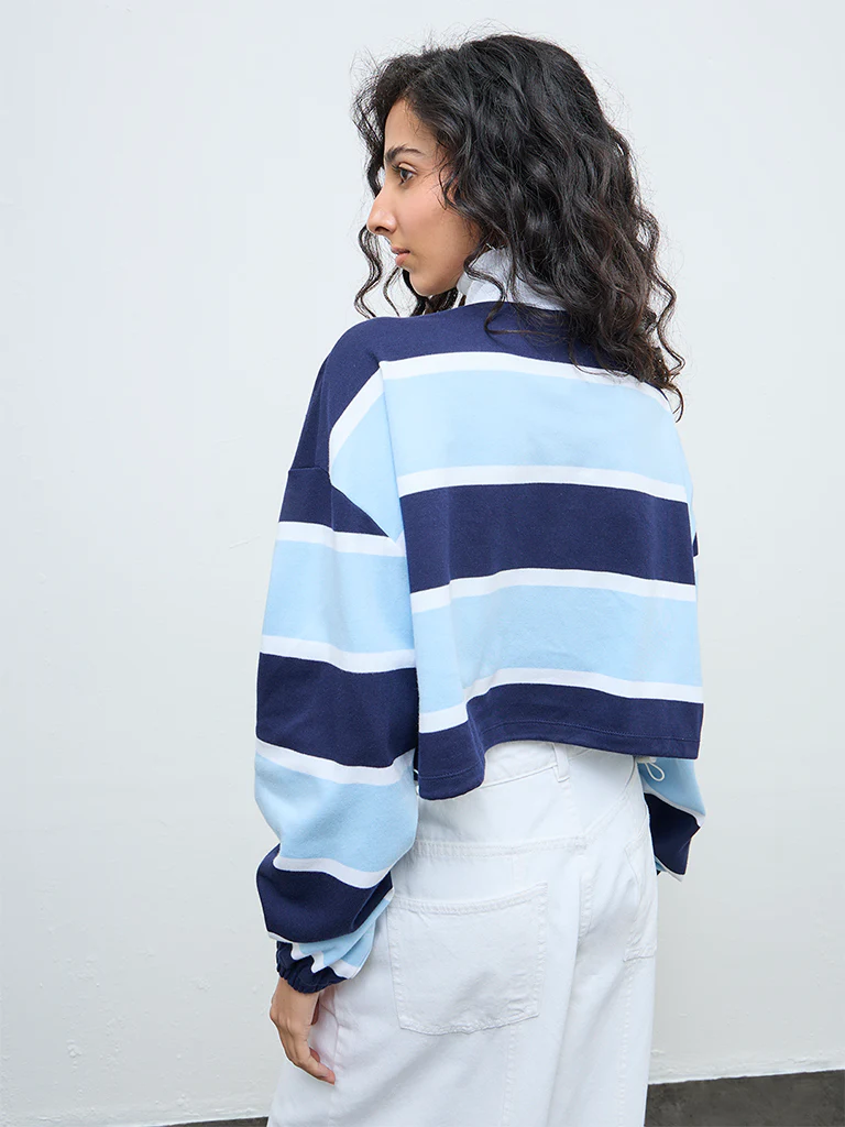 Nuon Blue Striped Quarter-Zip Cotton T-Shirt - Image 4