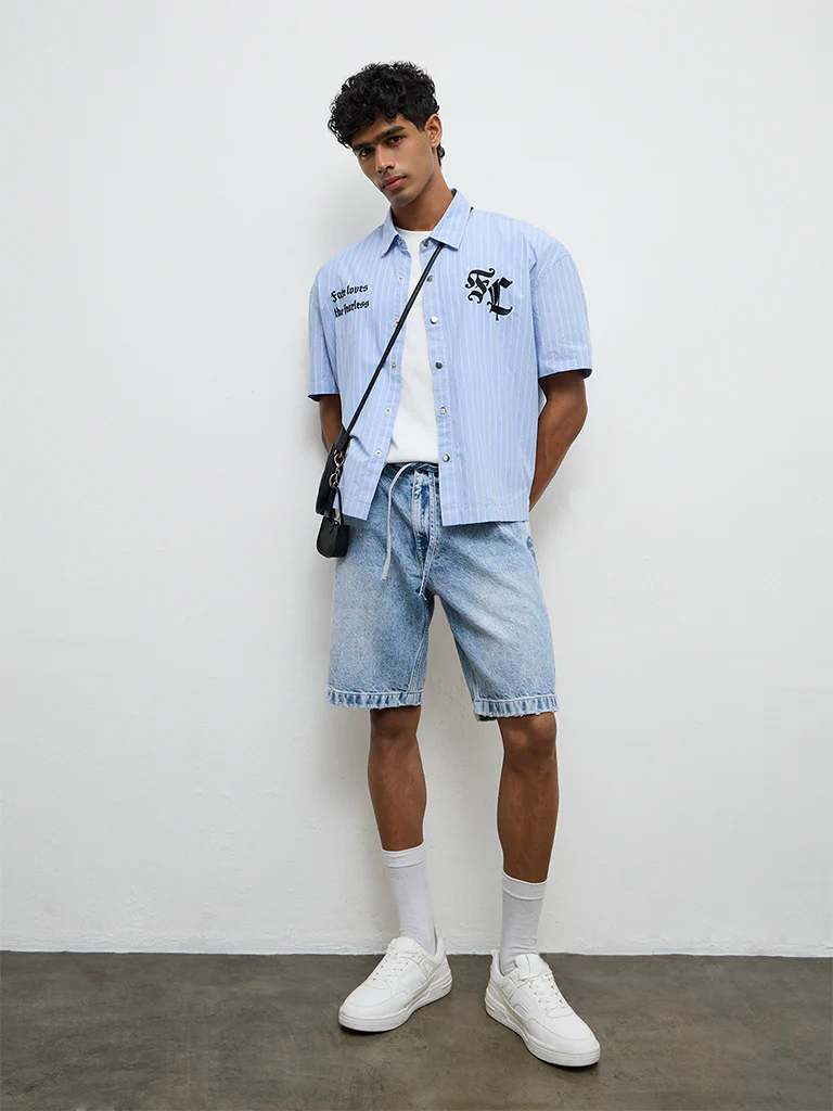 Nuon Blue Striped Relaxed-Fit Cotton Shirt