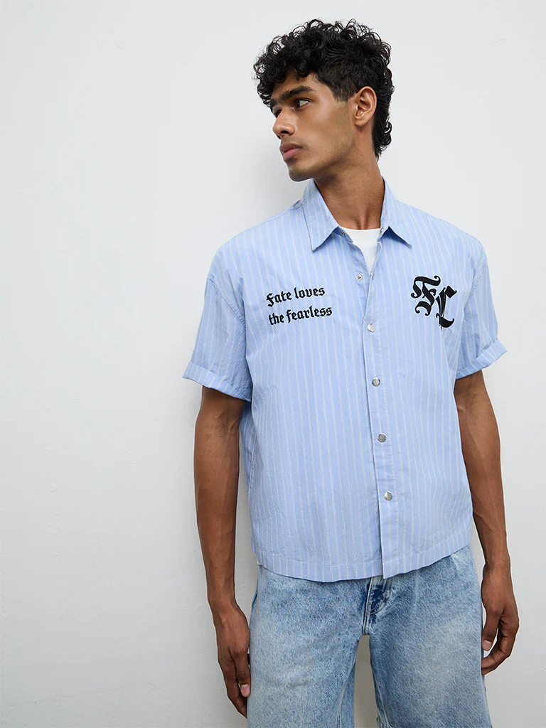 Nuon Blue Striped Relaxed-Fit Cotton Shirt - Image 2