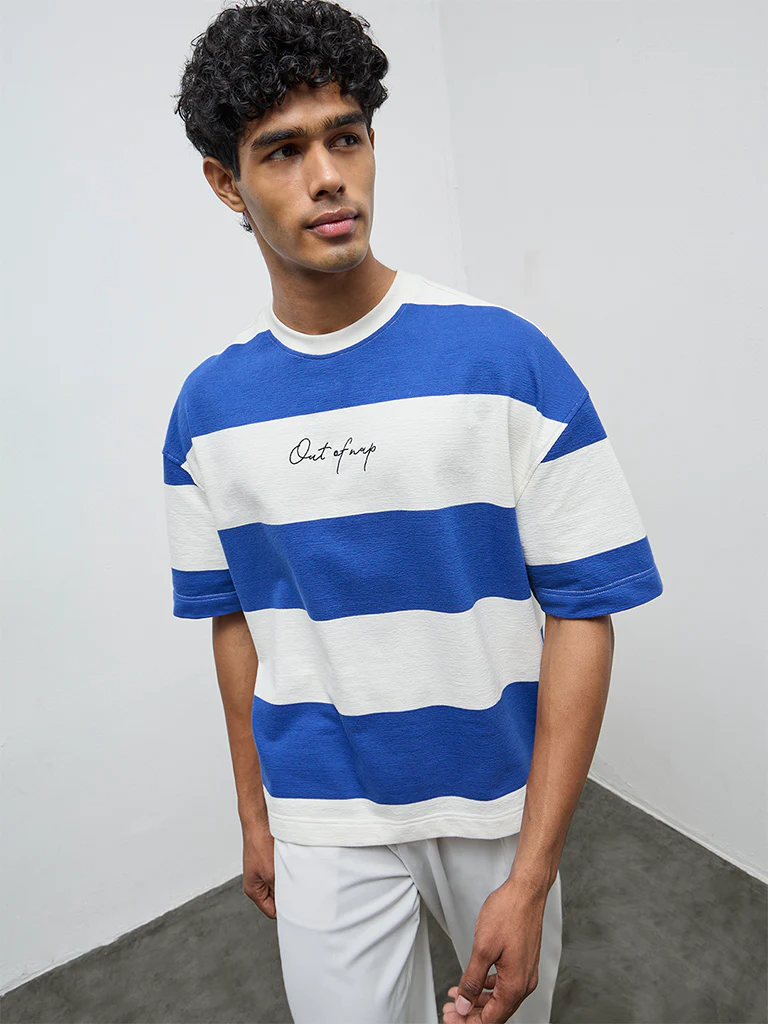 Nuon Blue Striped Relaxed-Fit Cotton T-Shirt