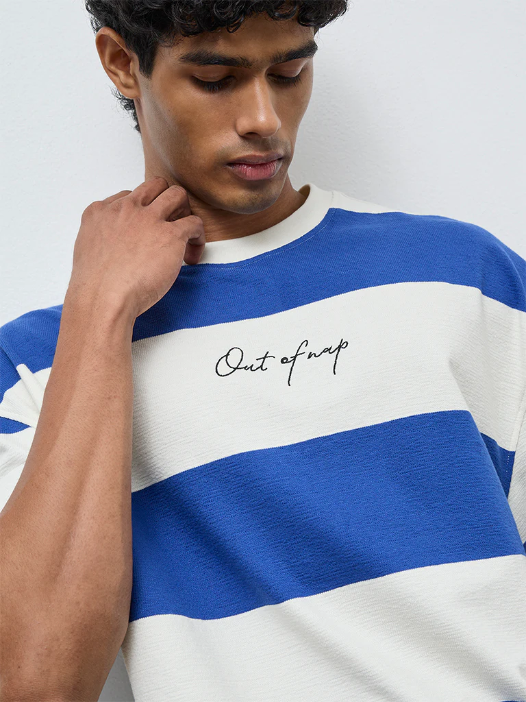 Nuon Blue Striped Relaxed-Fit Cotton T-Shirt - Image 3