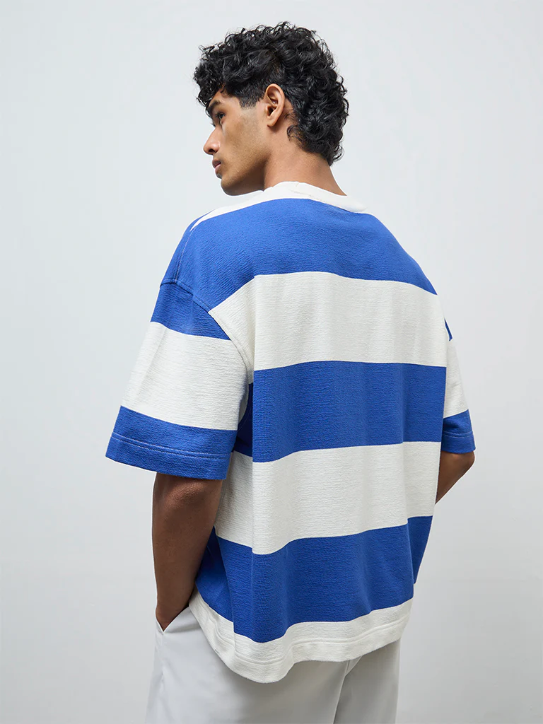 Nuon Blue Striped Relaxed-Fit Cotton T-Shirt - Image 4