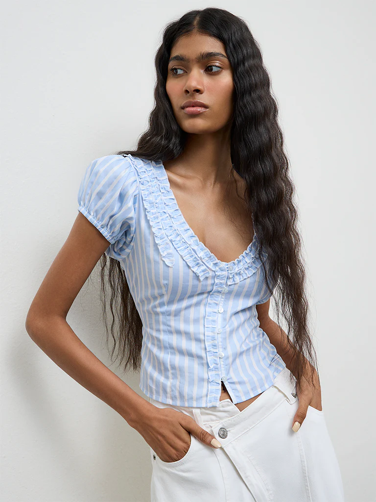 Nuon Blue Striped Ruffle-Detailed Cotton Top - Image 2