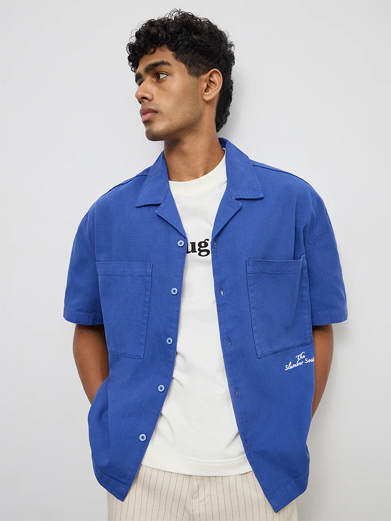 Nuon Blue Text-Detail Boxy-Fit Cotton Shirt