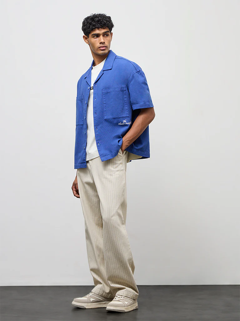 Nuon Blue Text-Detail Boxy-Fit Cotton Shirt - Image 2