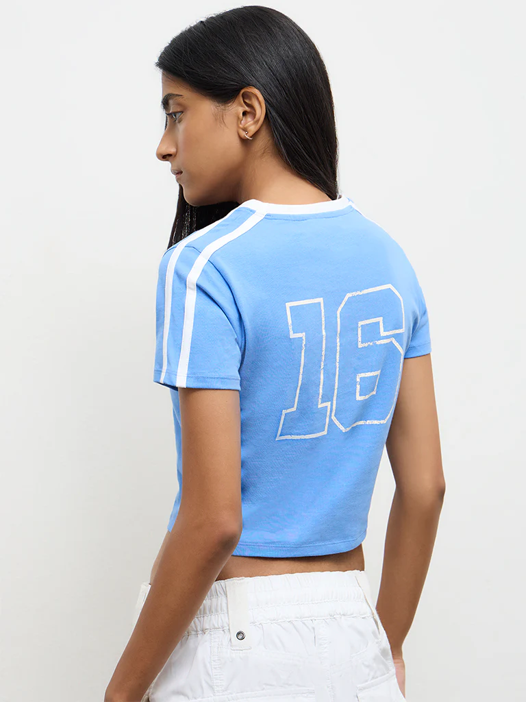 Nuon Blue Text-Printed Cotton T-Shirt - Image 4