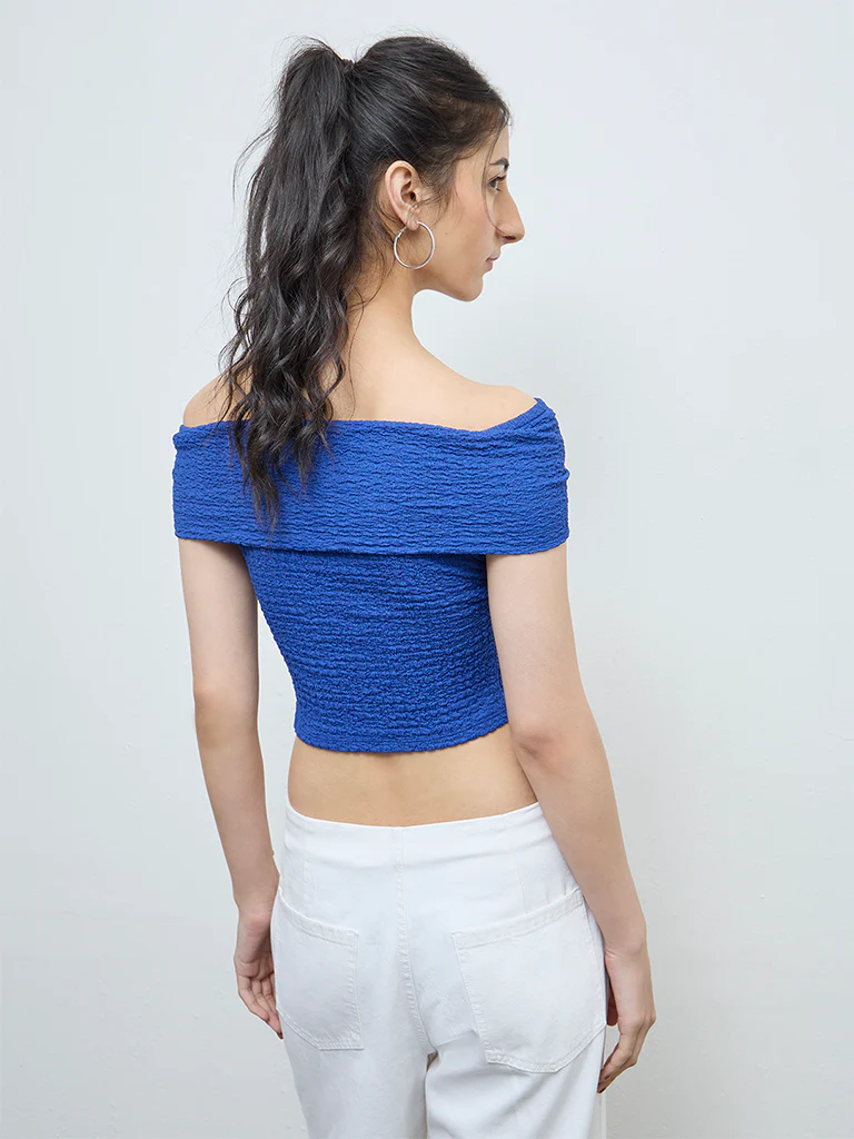 Nuon Blue Textured Off-Shoulder Top - Image 4