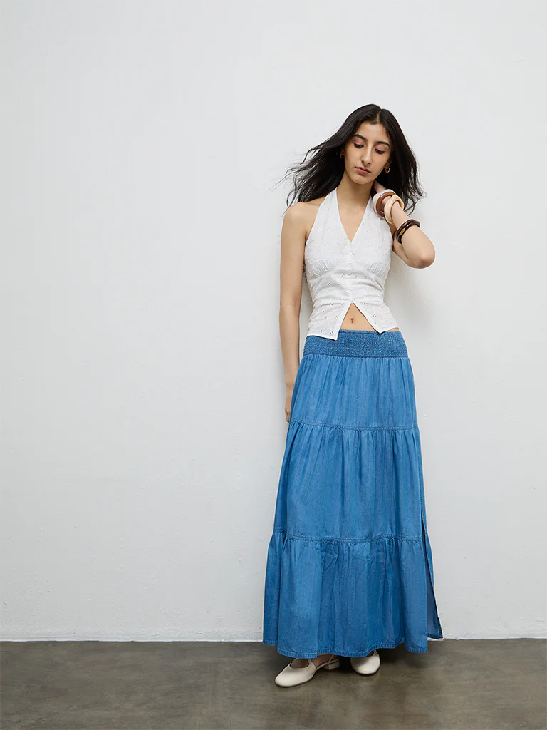 Nuon Blue Tiered High-Rise Denim Skirt