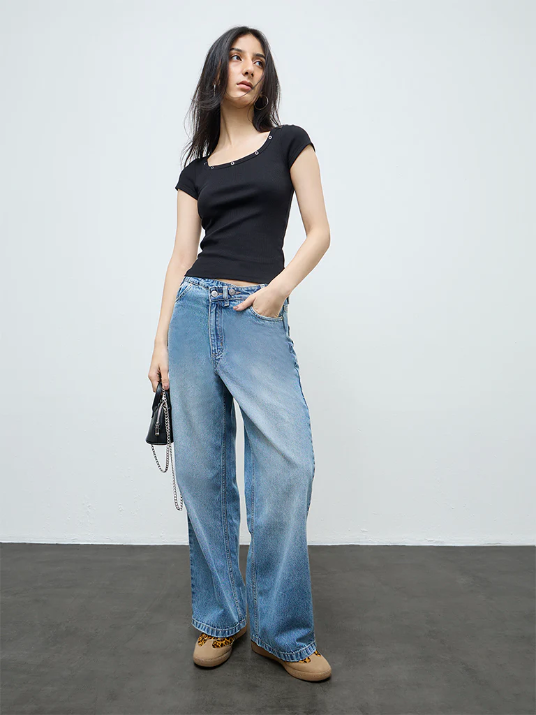 Nuon Blue Washed High-Rise Flared Jeans