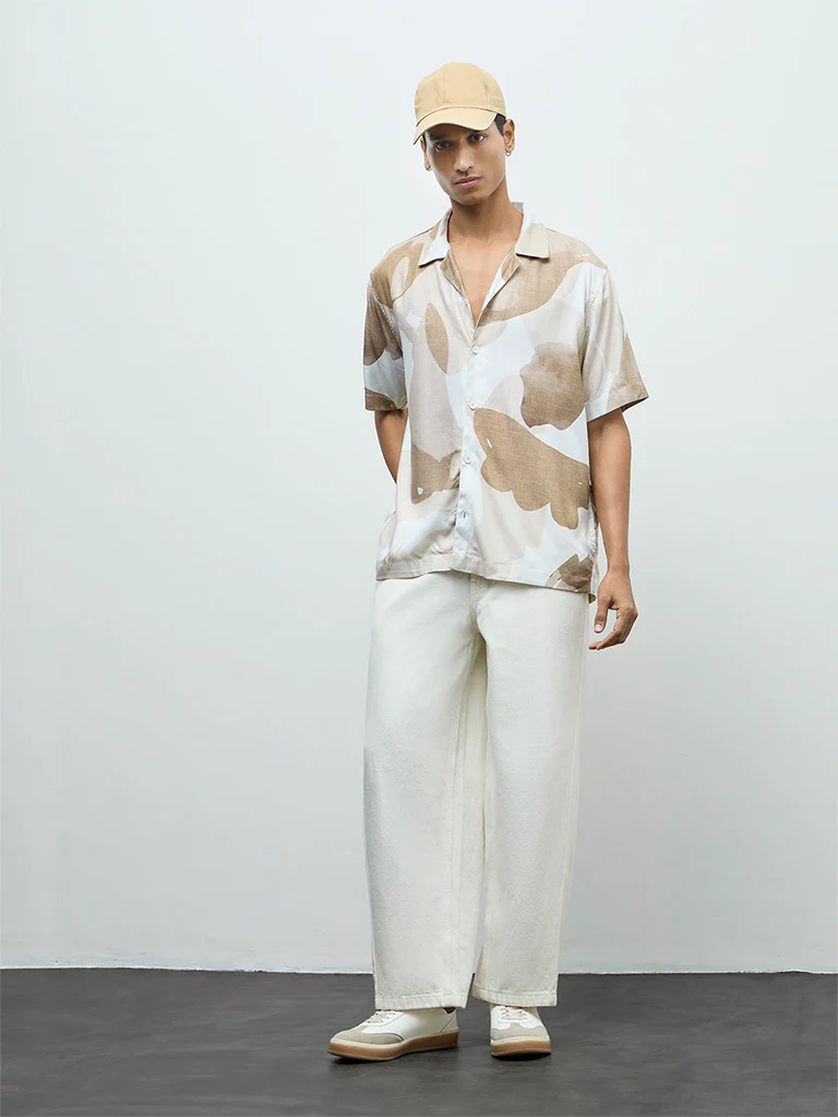 Nuon Brown Abstract Printed Relaxed-Fit Shirt