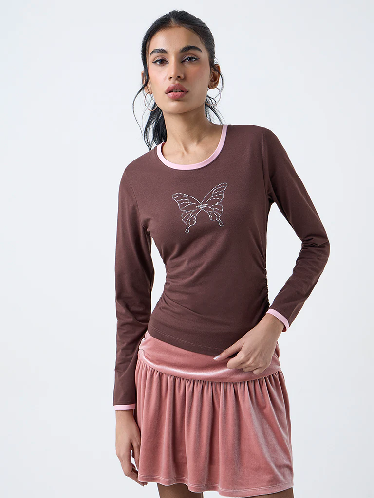 Nuon Brown Butterfly-Detail Cotton-Blend Mesh Top