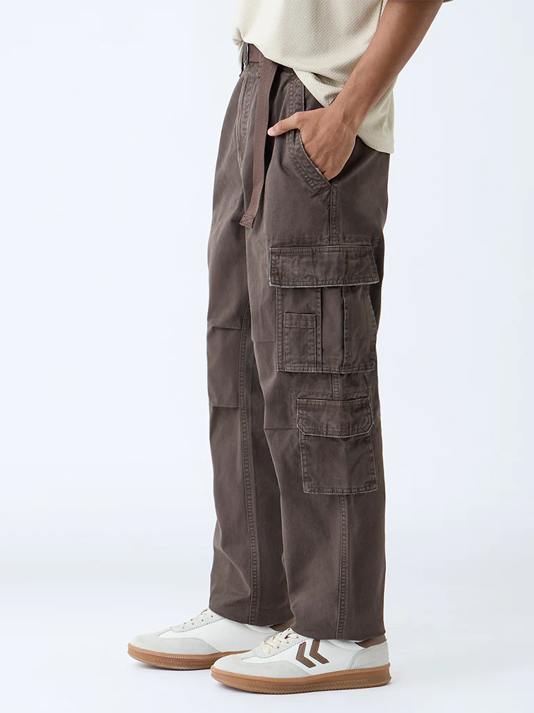 Nuon Brown Cargo-Style Relaxed-Fit Mid-Rise Cotton Pants - Image 3