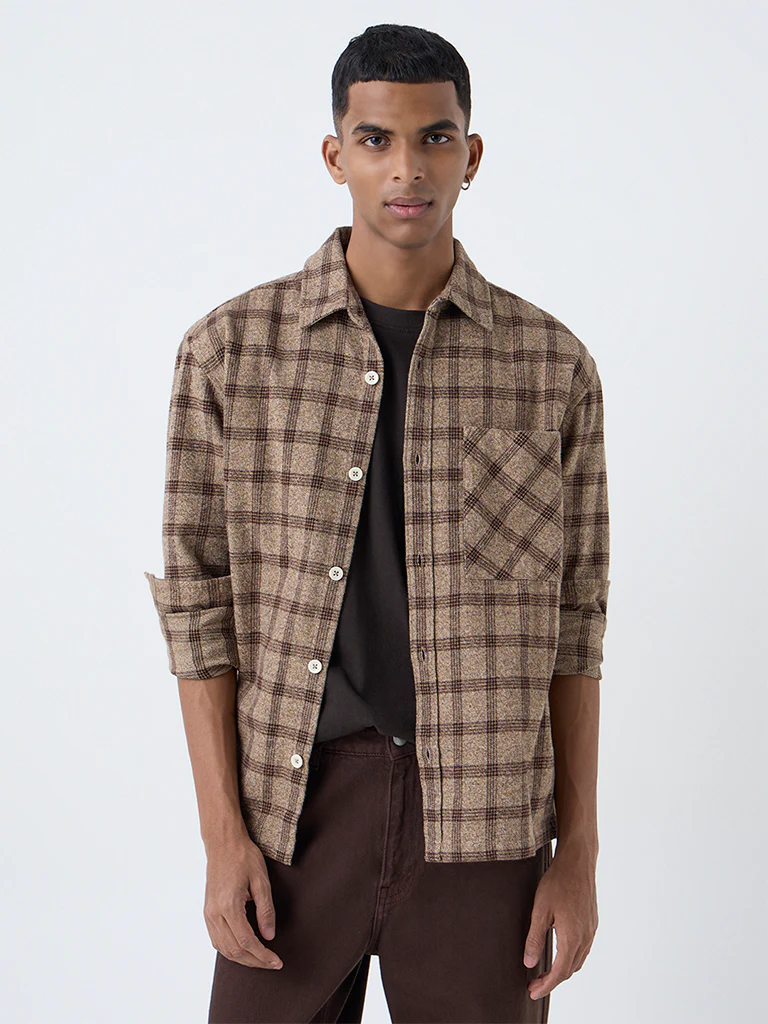 Nuon Brown Check Pattern Relaxed-Fit Cotton Shirt - Image 2