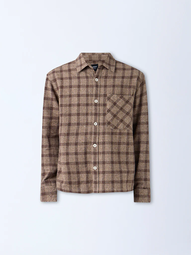 Nuon Brown Check Pattern Relaxed-Fit Cotton Shirt - Image 5