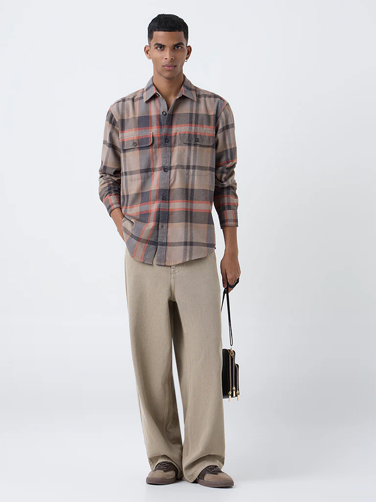 Nuon Brown Checkered Relaxed-Fit Cotton-Blend Shirt