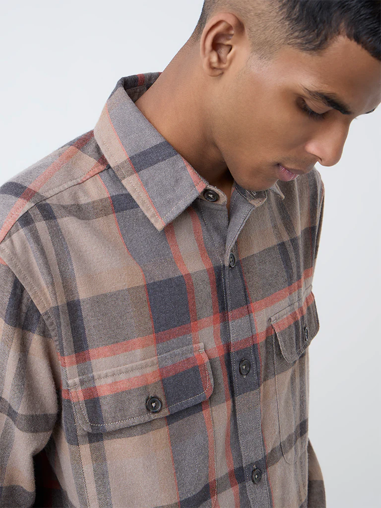 Nuon Brown Checkered Relaxed-Fit Cotton-Blend Shirt - Image 3
