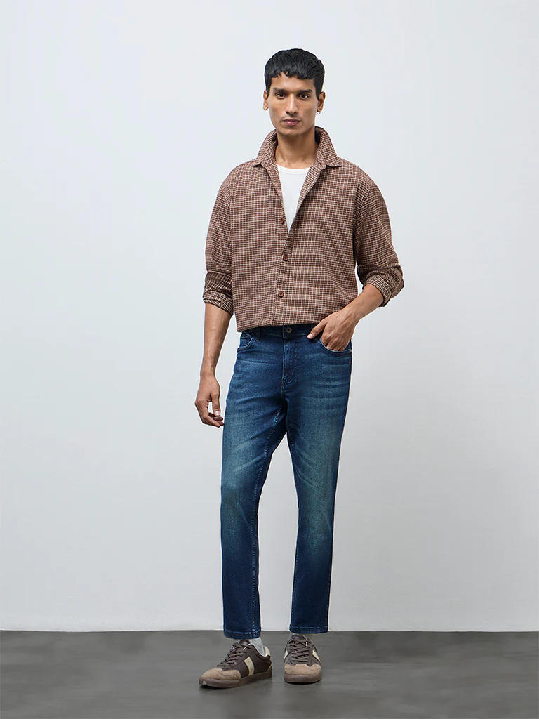 Nuon Brown Checkered Relaxed-Fit Cotton Shirt
