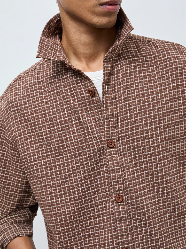 Nuon Brown Checkered Relaxed-Fit Cotton Shirt - Image 3