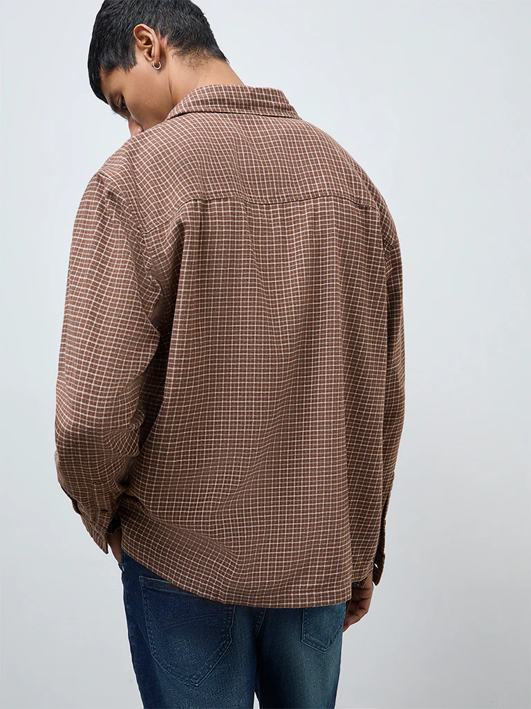 Nuon Brown Checkered Relaxed-Fit Cotton Shirt - Image 4