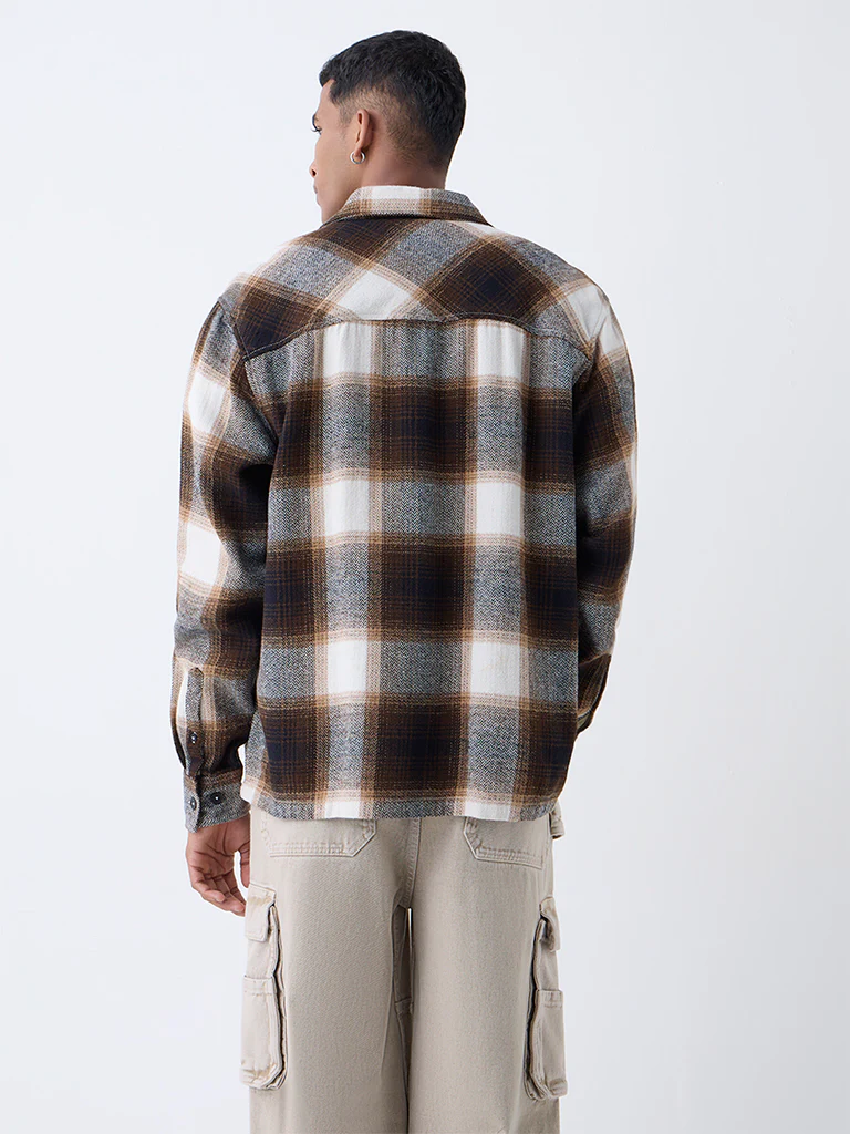 Nuon Brown Checks Design Relaxed-Fit Cotton Shirt - Image 4