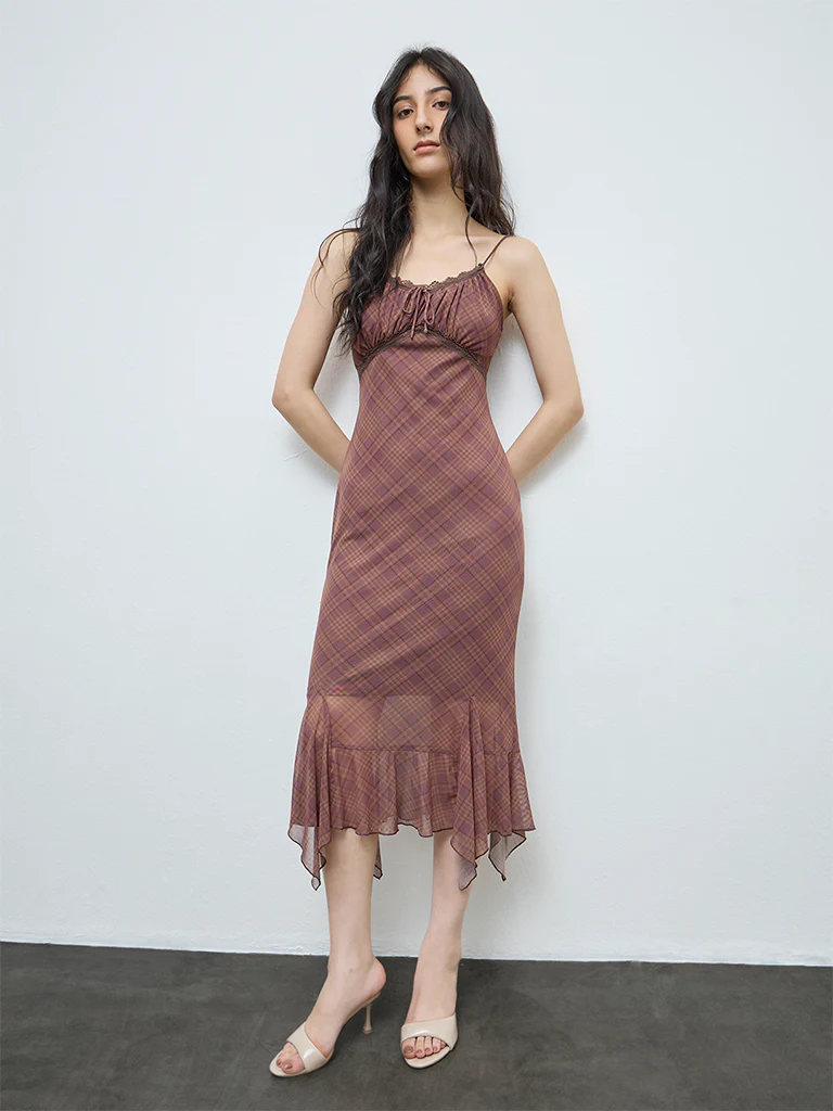 Nuon Brown Checks Detailed Bodycon Mesh Dress - Image 2