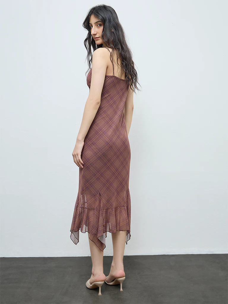 Nuon Brown Checks Detailed Bodycon Mesh Dress - Image 4