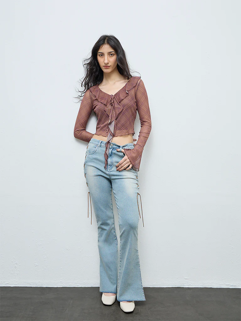 Nuon Brown Checks Detailed Mesh Top - Image 2