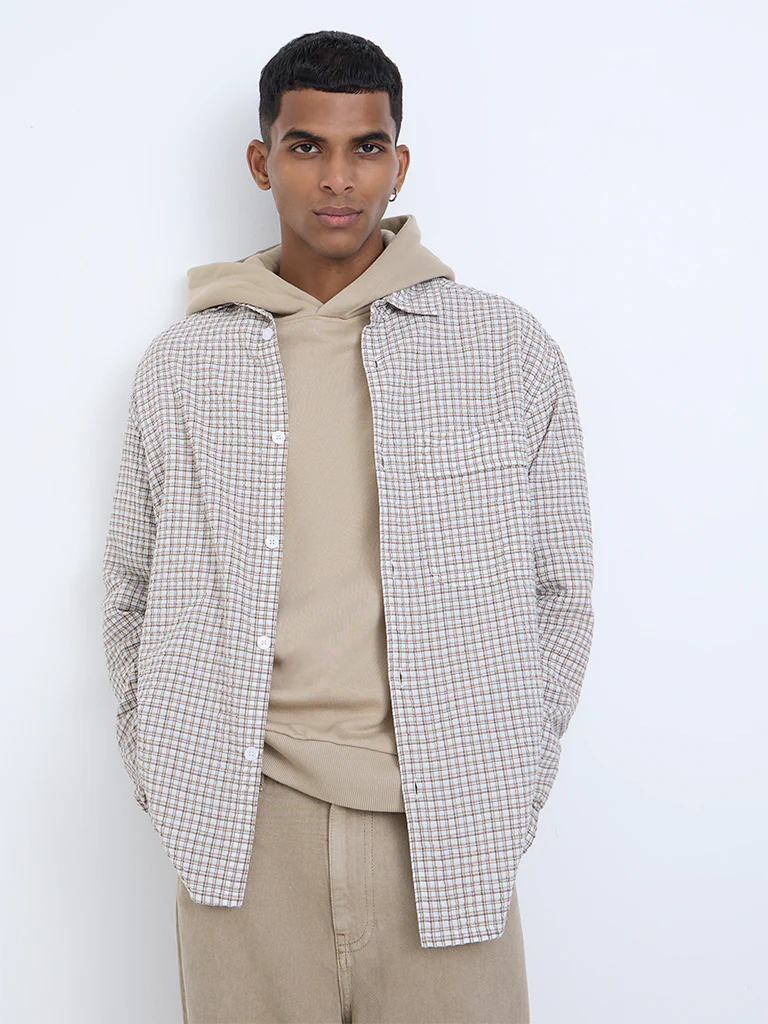 Nuon Brown Checks Pattern Relaxed-Fit Cotton Shirt