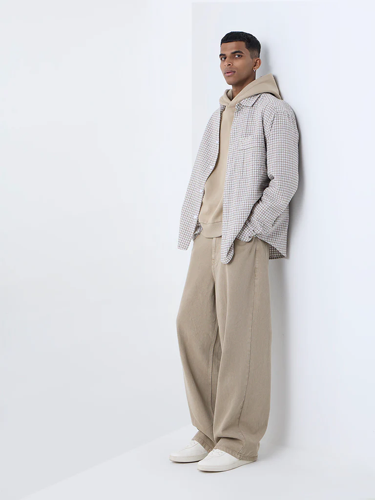 Nuon Brown Checks Pattern Relaxed-Fit Cotton Shirt - Image 2