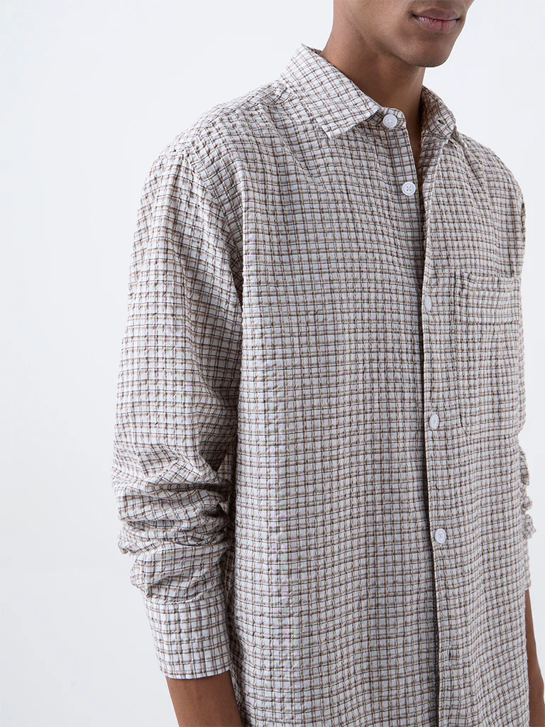 Nuon Brown Checks Pattern Relaxed-Fit Cotton Shirt - Image 3
