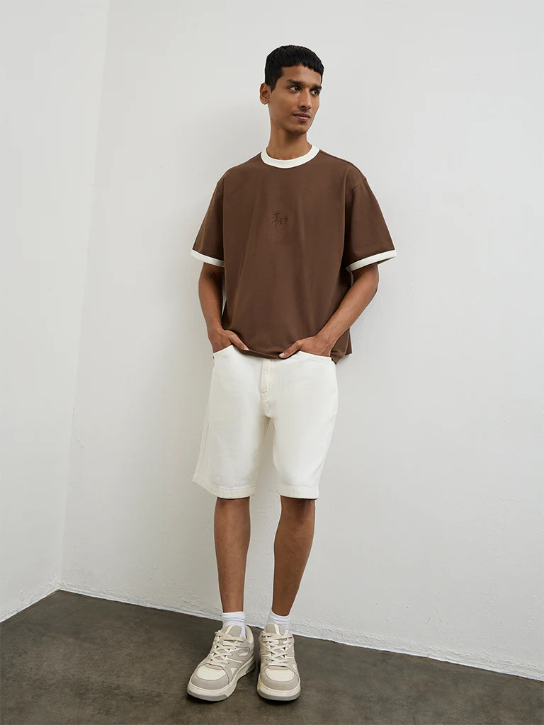 Nuon Brown Contrast Detailed Relaxed-Fit Cotton-Blend T-Shirt - Image 3