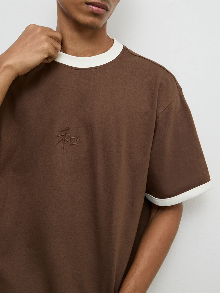 Nuon Brown Contrast Detailed Relaxed-Fit Cotton-Blend T-Shirt - Image 4