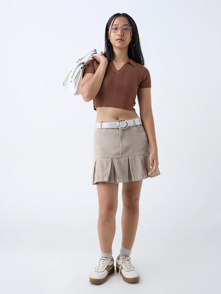 Nuon Brown Criss-Cross-Detailed Ribbed T-Shirt - Image 2