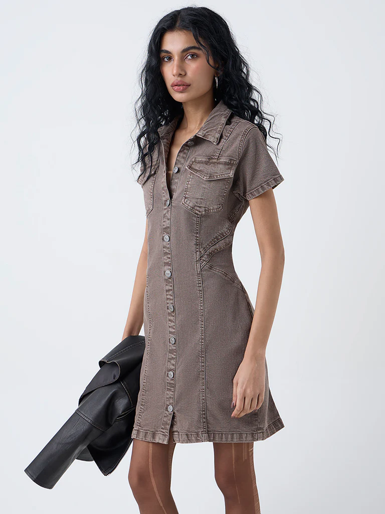 Nuon Brown Denim Shirt Dress - Image 2