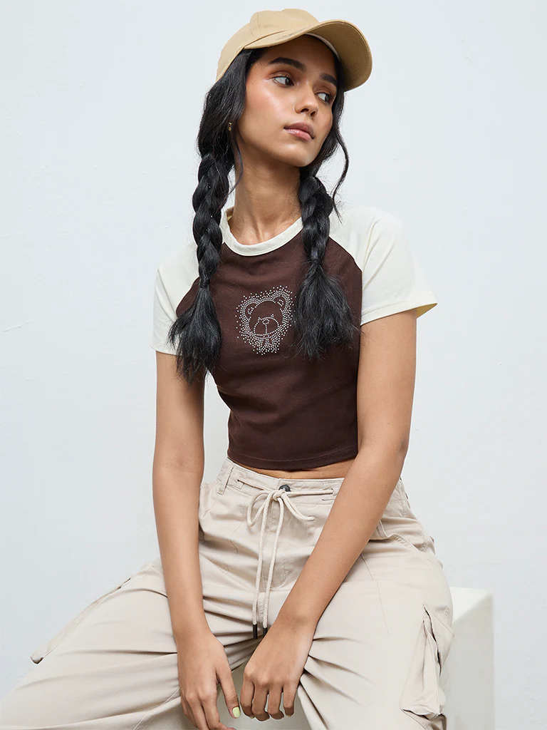 Nuon Brown Embellished Cotton-Blend T-Shirt