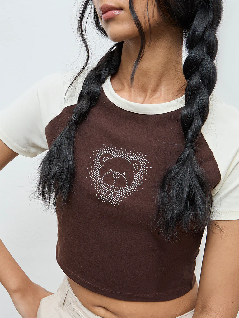 Nuon Brown Embellished Cotton-Blend T-Shirt - Image 3