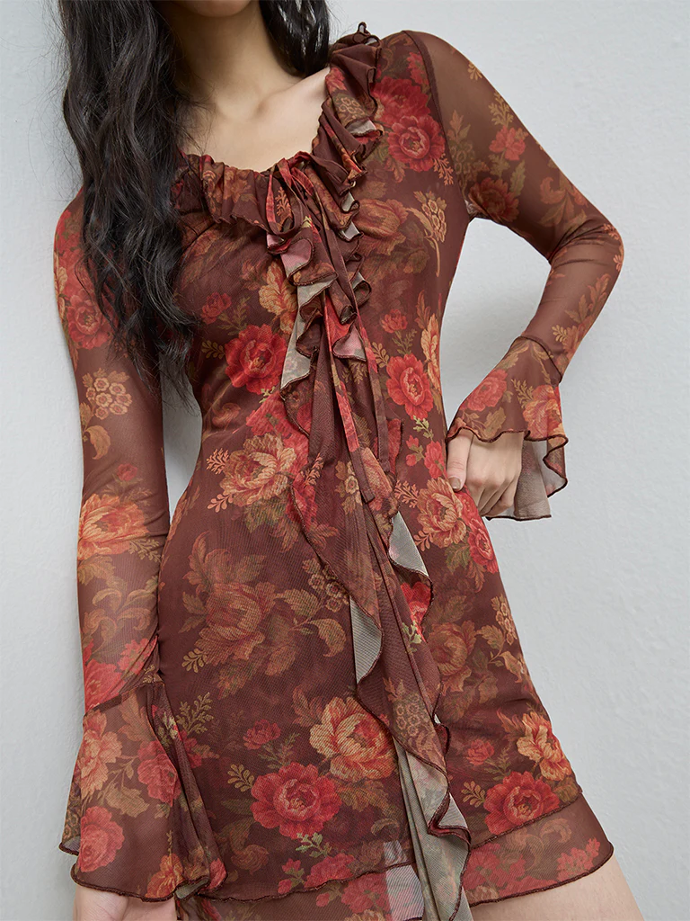 Nuon Brown Floral Detailed Bodycon Mesh Dress - Image 3