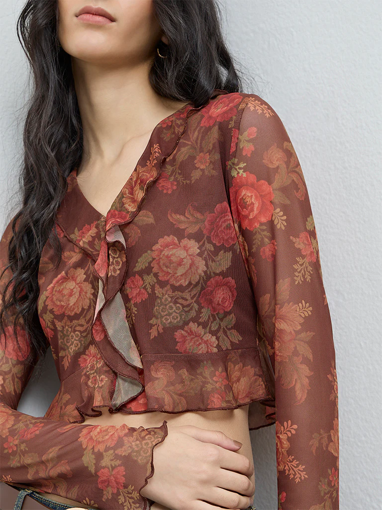 Nuon Brown Floral Detailed Mesh Top - Image 3
