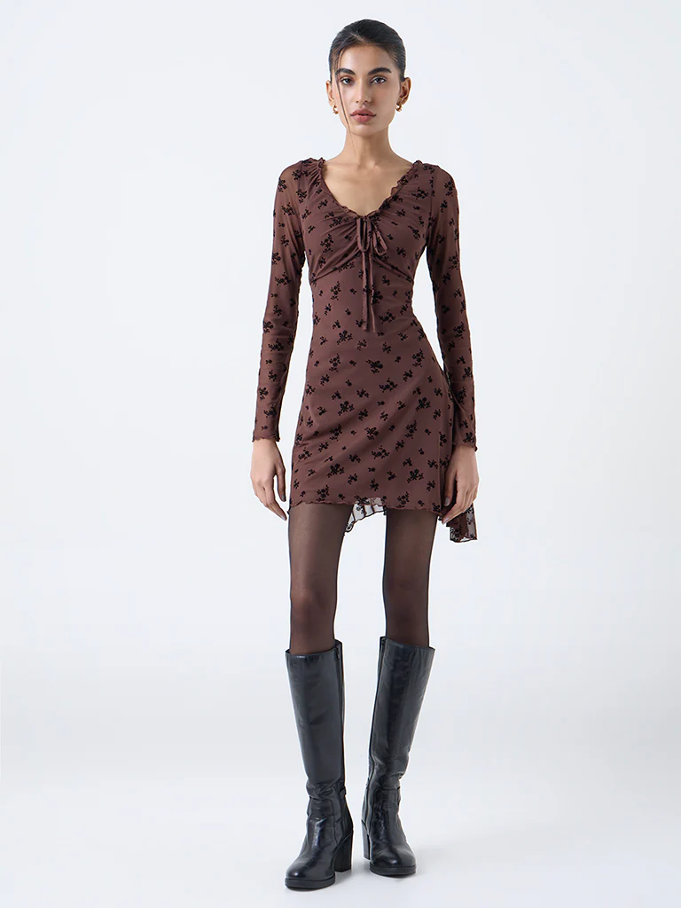 Nuon Brown Floral Printed Asymmetrical Dress - Image 2