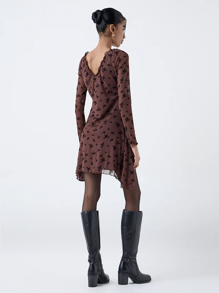 Nuon Brown Floral Printed Asymmetrical Dress - Image 4