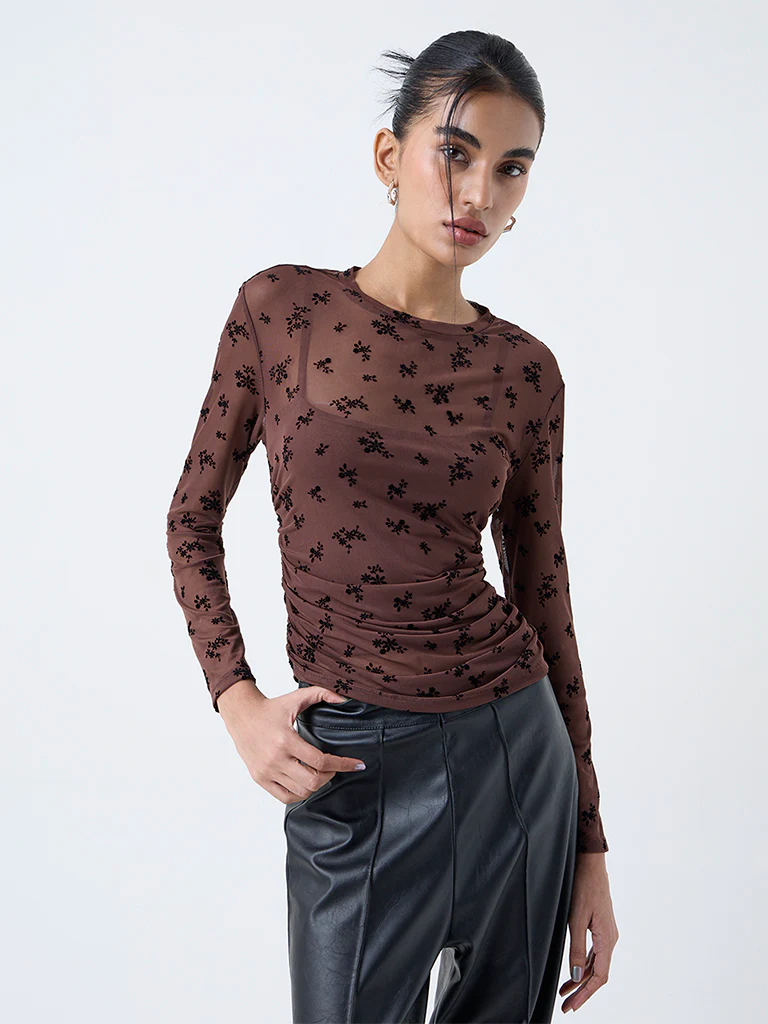 Nuon Brown Floral Printed Mesh Top