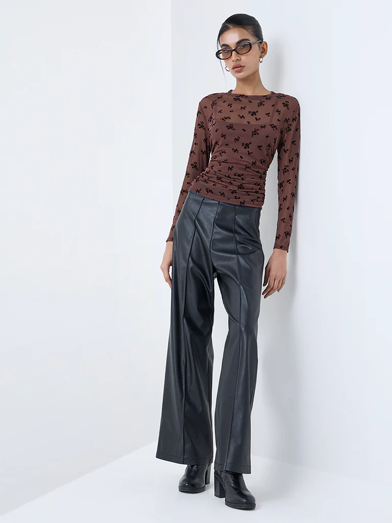 Nuon Brown Floral Printed Mesh Top - Image 2