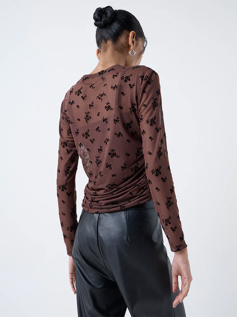 Nuon Brown Floral Printed Mesh Top - Image 4