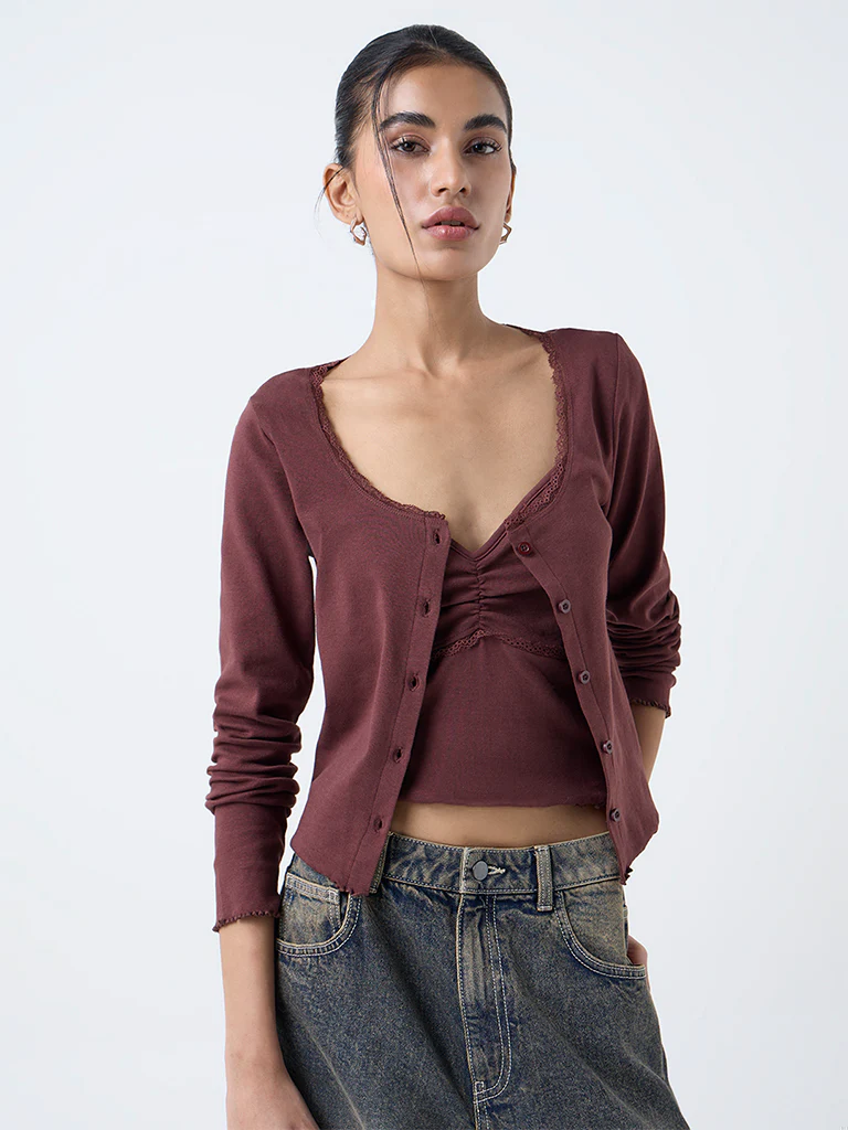 Nuon Brown Lace-Detail Top