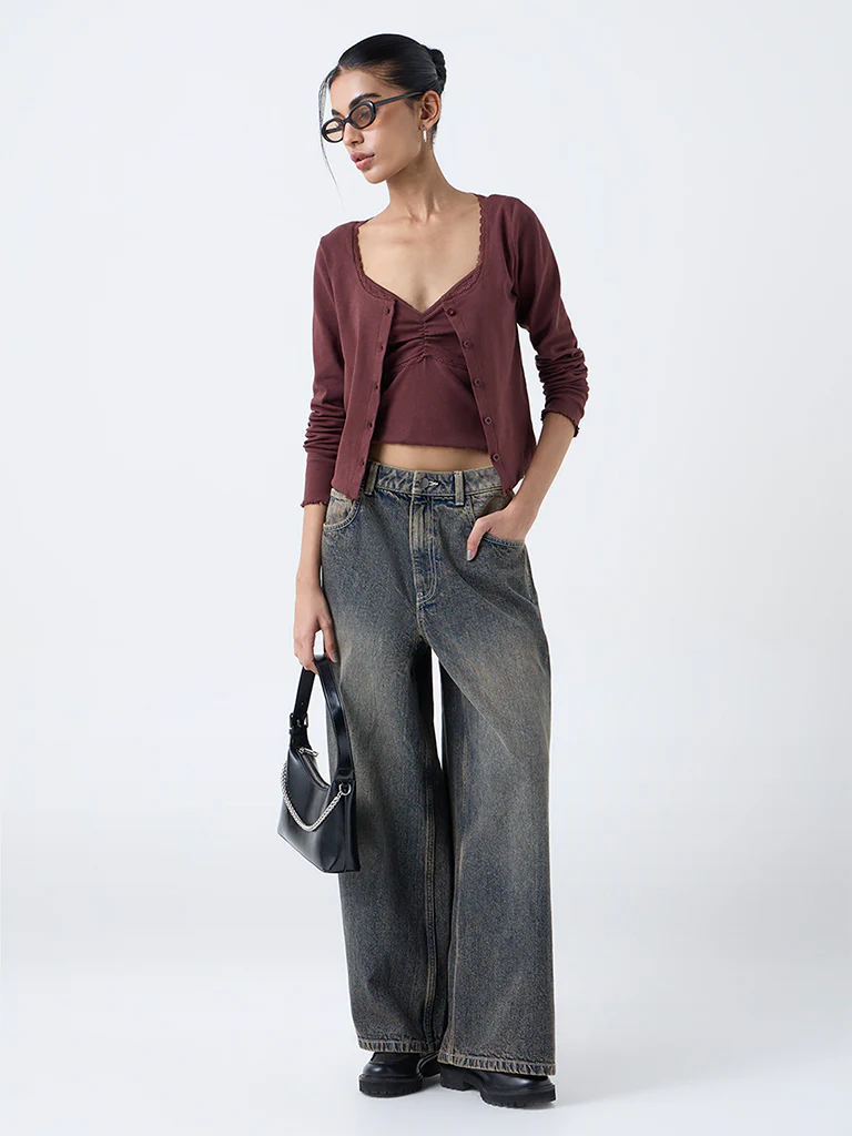 Nuon Brown Lace-Detail Top - Image 3