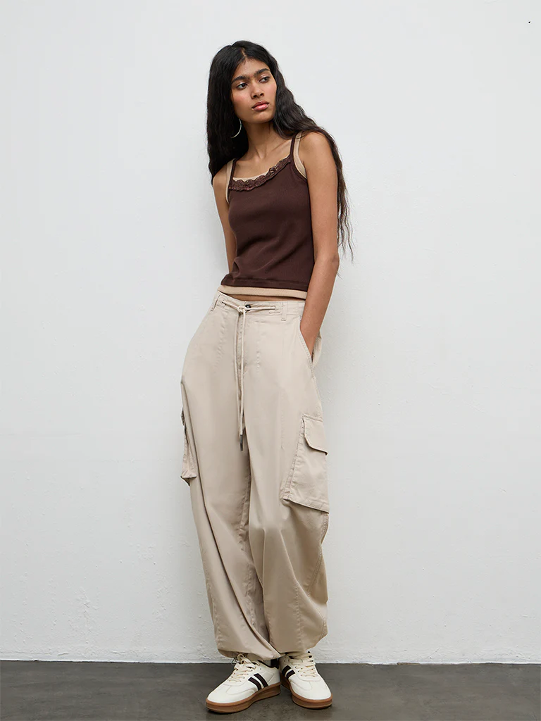 Nuon Brown Lace-Detailed Cotton-Blend Top - Image 2