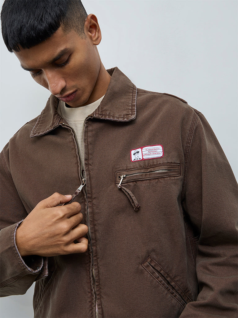 Nuon Brown Patch-Detail Relaxed-Fit Denim Jacket