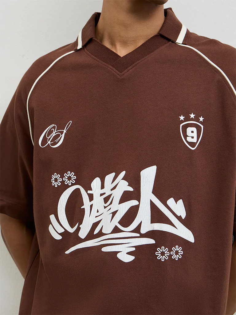 Nuon Brown Printed Relaxed-Fit Cotton T-Shirt - Image 3